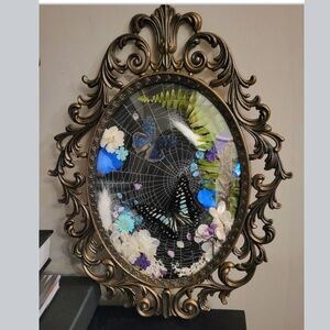 OOAK Custom handmade floral and real butterfly antique frame display oddity